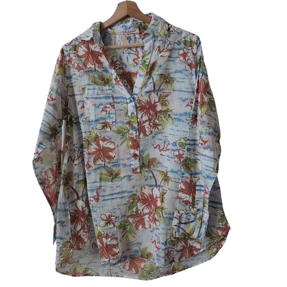 Fresh Produce 1/2 Button Up Long Sleeve Tunic Top Palms Flamingos Tropical Large - Picture 1 of 8
